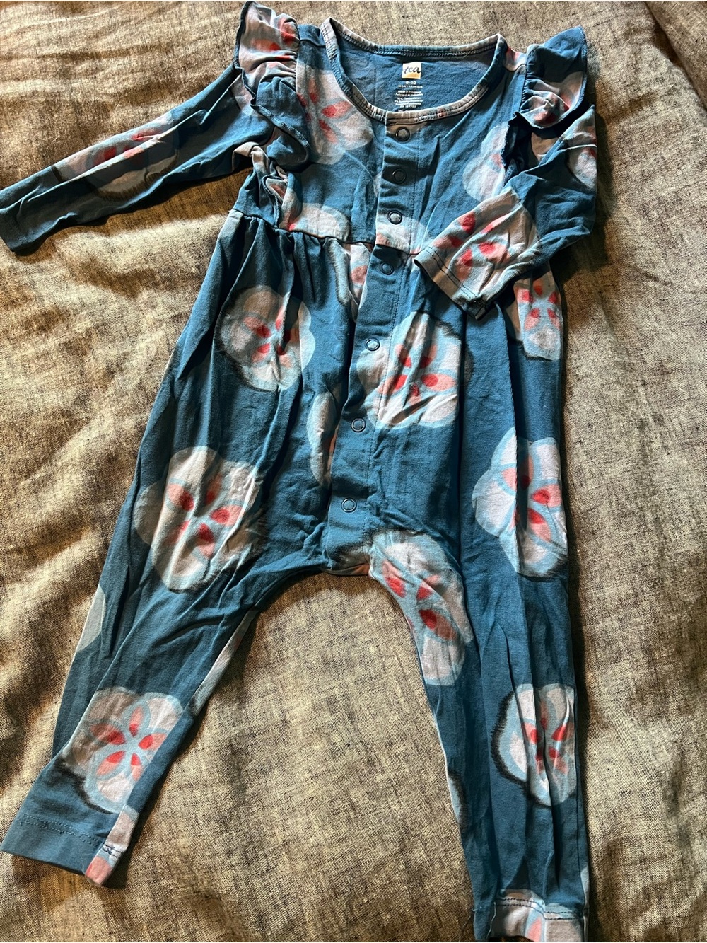 Tea Collection Blue Floral Ruffle Romper with Snap Front